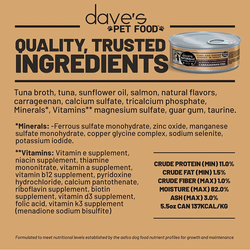 Dave's Naturally Healthy Grain Free Tuna & Shrimp Dinner in Gravy Wet Cate Food (5.5oz)