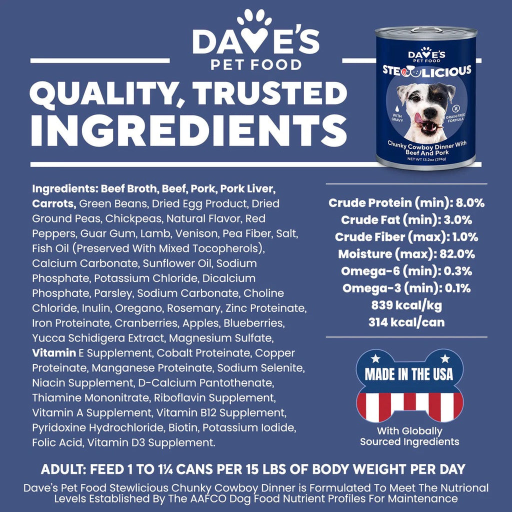 Dave's Stewlicious Cowboy Dinner w/ Beef & Pork Wet Dog Food (13.2oz)